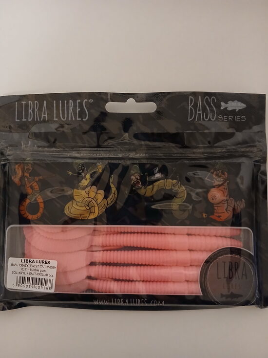 Bass Crazy Twist Tail Worm, 017 Buble Gum, Salt-Krill, 6,8gr, 8psc/pack